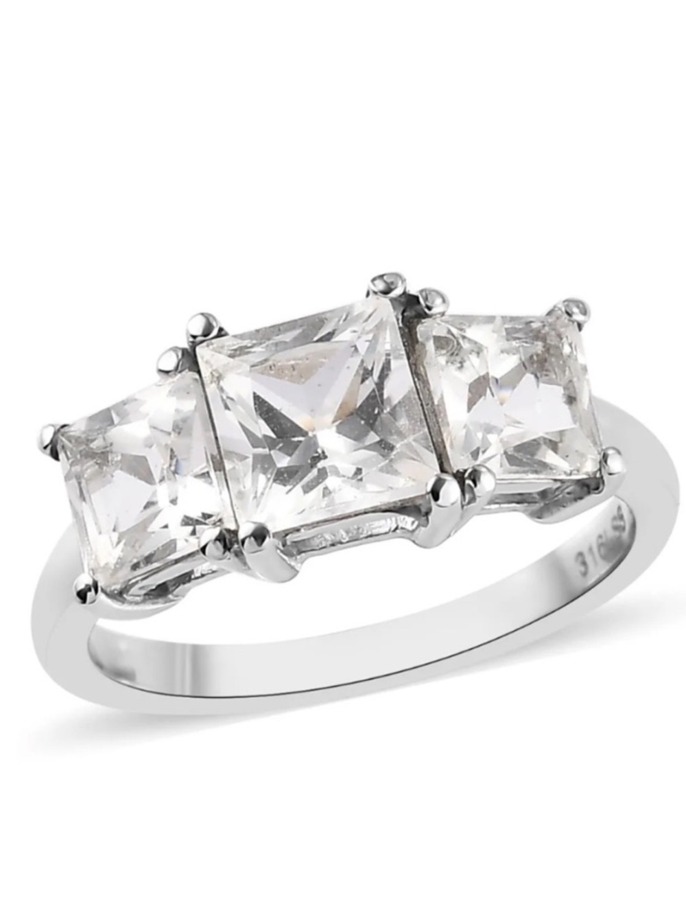 Princess Cut White Topaz 3 Stone Ring in Stainless Steel (Size 11) 3.10 carats